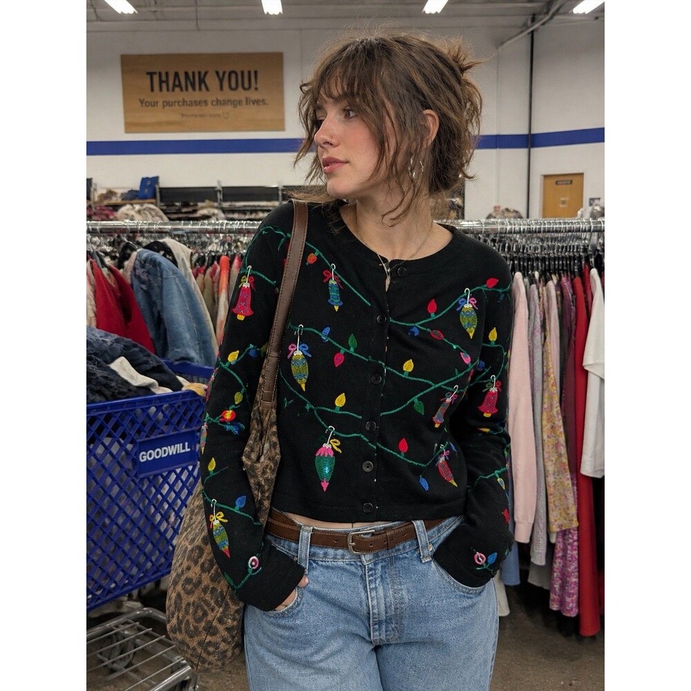 Michael Simon Vintage Christmas Lights Cardigan Sz S 90s Novelty Embroidered